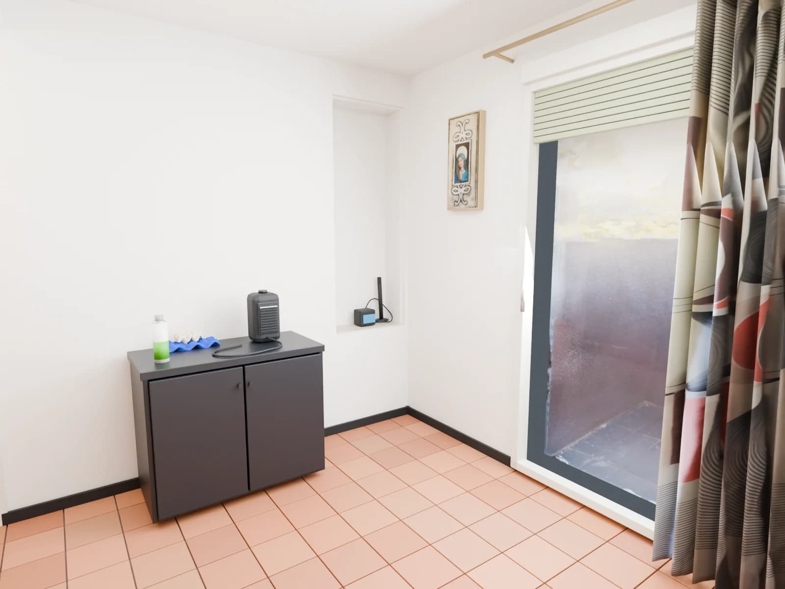 Reconstrucción visual de una habitación existente con sus huecos, acabados y mobiliario