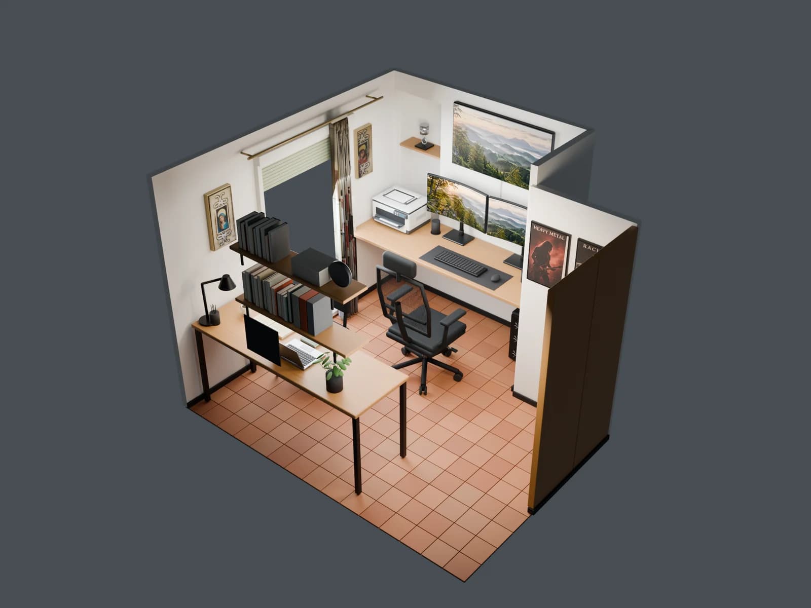 Vista abierta del modelo 3D con las dos zonas de trabajo y las estanterías